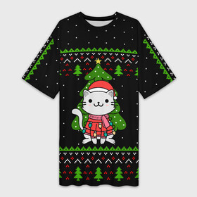 Платье-футболка 3D с принтом КОТЁНОК И ЁЛОЧКА  НОВОГОДНЯЯ в Тюмени,  |  | 2020 | 2021 | 2022 | cat | cats | christmas | merry | гирлянды | кот | леденец | мяу | нг | новогодний | новый год | олени | рождество | свитер | узоры