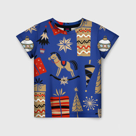 Детская футболка 3D с принтом Новогодний узор.. в Тюмени, 100% гипоаллергенный полиэфир | прямой крой, круглый вырез горловины, длина до линии бедер, чуть спущенное плечо, ткань немного тянется | ёлки | лошадка | новогодний узор | новый год | подарок | подарок детям | узор