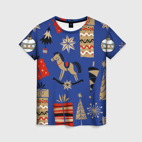 Женская футболка 3D с принтом Новогодний узор.. в Тюмени, 100% полиэфир ( синтетическое хлопкоподобное полотно) | прямой крой, круглый вырез горловины, длина до линии бедер | ёлки | лошадка | новогодний узор | новый год | подарок | подарок детям | узор