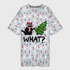 Платье-футболка 3D с принтом WHAT CAT  CHRISTMAS в Тюмени,  |  | Тематика изображения на принте: 2020 | 2021 | 2022 | cat | cats | christmas | merry | what | ват | кот | леденец | мяу | нг | новогодний | новый год | олени | рождество | свитер | узоры