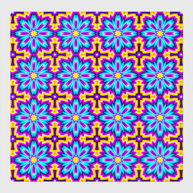 Магнитный плакат 3Х3 с принтом Синие цветы на желтом фоне (иллюзия расширения) в Тюмени, Полимерный материал с магнитным слоем | 9 деталей размером 9*9 см | Тематика изображения на принте: абстракция | аум | галлюцинация | зазеркалье | игра ума | иллюзии | индиго | майя | мантра | медитация | мираж | неон | нирвана | обман зрения | ом | оптические иллюзии | просветление | психоделика