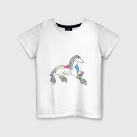 Детская футболка хлопок с принтом Разноцветный единорог на светлом в Тюмени, 100% хлопок | круглый вырез горловины, полуприлегающий силуэт, длина до линии бедер | волшебство | единорог | животное | животные | звери | зверь | конь | лошадь | магия | сказка | фауна