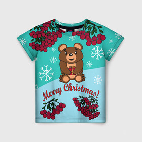 Детская футболка 3D с принтом Мишка и рождество в Тюмени, 100% гипоаллергенный полиэфир | прямой крой, круглый вырез горловины, длина до линии бедер, чуть спущенное плечо, ткань немного тянется | 2022 | merry christmas | ветки | год тигра | детский | животные | зима | зимний | лес | медведь | мишка | мультяшный | новогодний | новый год | подарок | праздничный | рождество | рябина | снег | снегопад