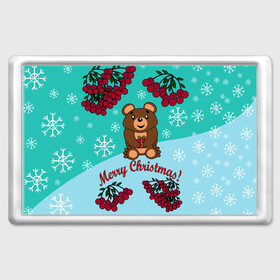 Магнит 45*70 с принтом Мишка и рождество в Тюмени, Пластик | Размер: 78*52 мм; Размер печати: 70*45 | Тематика изображения на принте: 2022 | merry christmas | ветки | год тигра | детский | животные | зима | зимний | лес | медведь | мишка | мультяшный | новогодний | новый год | подарок | праздничный | рождество | рябина | снег | снегопад