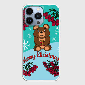 Чехол для iPhone 13 Pro с принтом Мишка и рождество в Тюмени,  |  | 2022 | merry christmas | ветки | год тигра | детский | животные | зима | зимний | лес | медведь | мишка | мультяшный | новогодний | новый год | подарок | праздничный | рождество | рябина | снег | снегопад