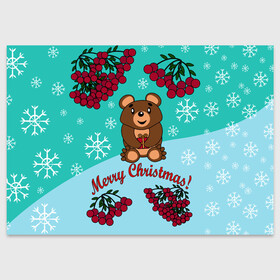 Поздравительная открытка с принтом Мишка и рождество в Тюмени, 100% бумага | плотность бумаги 280 г/м2, матовая, на обратной стороне линовка и место для марки
 | 2022 | merry christmas | ветки | год тигра | детский | животные | зима | зимний | лес | медведь | мишка | мультяшный | новогодний | новый год | подарок | праздничный | рождество | рябина | снег | снегопад