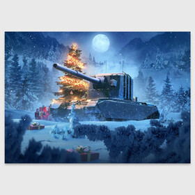 Поздравительная открытка с принтом World of Tanks Christmas в Тюмени, 100% бумага | плотность бумаги 280 г/м2, матовая, на обратной стороне линовка и место для марки
 | art | christmas | gifts | moon | new year | night | snow | tank | tree | winter | world of tanks | арт | елка | зима | луна | новый год | ночь | подарки | рождество | снег | танк
