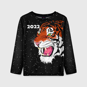 Детский лонгслив 3D с принтом Рычащий Тигр и Снегопад 2022 в Тюмени, 100% полиэстер | длинные рукава, круглый вырез горловины, полуприлегающий силуэт
 | 2022 | black | cat | christmas | merry | new year | snow | tiger | xmas | водяной | год тигра | животные | кот | кошки | новый год | паттерн | полосатый | рождество | снег | снежинки | тигры | узор | цветы | черный