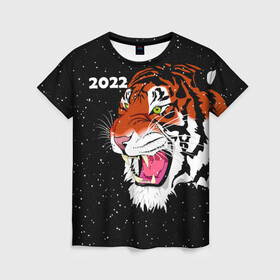 Женская футболка 3D с принтом Рычащий Тигр и Снегопад 2022 в Тюмени, 100% полиэфир ( синтетическое хлопкоподобное полотно) | прямой крой, круглый вырез горловины, длина до линии бедер | 2022 | black | cat | christmas | merry | new year | snow | tiger | xmas | водяной | год тигра | животные | кот | кошки | новый год | паттерн | полосатый | рождество | снег | снежинки | тигры | узор | цветы | черный