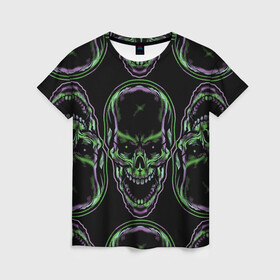 Женская футболка 3D с принтом Skulls vanguard pattern 2077 в Тюмени, 100% полиэфир ( синтетическое хлопкоподобное полотно) | прямой крой, круглый вырез горловины, длина до линии бедер | fashion | hype | neon | pattern | skull | vanguard | авангард | неон | узор | хайп | череп