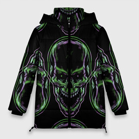 Женская зимняя куртка Oversize с принтом Skulls vanguard pattern 2077 в Тюмени, верх — 100% полиэстер; подкладка — 100% полиэстер; утеплитель — 100% полиэстер | длина ниже бедра, силуэт Оверсайз. Есть воротник-стойка, отстегивающийся капюшон и ветрозащитная планка. 

Боковые карманы с листочкой на кнопках и внутренний карман на молнии | fashion | hype | neon | pattern | skull | vanguard | авангард | неон | узор | хайп | череп