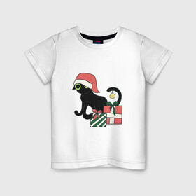 Детская футболка хлопок с принтом новогодний кот 2022 в Тюмени, 100% хлопок | круглый вырез горловины, полуприлегающий силуэт, длина до линии бедер | дед мороз | ёлки | кот | котик | котэ | новый год | снегурка | черный кот