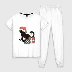 Женская пижама хлопок с принтом новогодний кот 2022 в Тюмени, 100% хлопок | брюки и футболка прямого кроя, без карманов, на брюках мягкая резинка на поясе и по низу штанин | дед мороз | ёлки | кот | котик | котэ | новый год | снегурка | черный кот