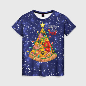 Женская футболка 3D с принтом Новогодняя Елка Пицца в Тюмени, 100% полиэфир ( синтетическое хлопкоподобное полотно) | прямой крой, круглый вырез горловины, длина до линии бедер | christmas | pizza | гирлянда | елка | ель | звезда | новый год | пицца | рождество