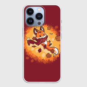 Чехол для iPhone 13 Pro с принтом Лис в листопаде в Тюмени,  |  | animal | beast | belly | chanterelle | different animals | fox | fox cub | fox in a scarf | fox in falling leaves | leaves | red backgro | животинка | животное | животный | зверь | красный | красный фон | лис | лис в листопаде | лис в шарфе | лисенок | ли