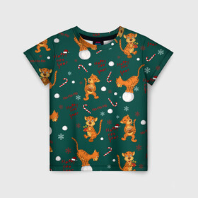 Детская футболка 3D с принтом тигр и рождество в Тюмени, 100% гипоаллергенный полиэфир | прямой крой, круглый вырез горловины, длина до линии бедер, чуть спущенное плечо, ткань немного тянется | happy new year | merry christmas | год тигра | животные | звери | зеленый | зима | зимний принт | иллюстрация | кошка | красный | леденец | новогодний | оранжевый | подарок | полосатый | рождество | снег | снегопад