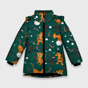 Зимняя куртка для девочек 3D с принтом тигр и рождество в Тюмени, ткань верха — 100% полиэстер; подклад — 100% полиэстер, утеплитель — 100% полиэстер. | длина ниже бедра, удлиненная спинка, воротник стойка и отстегивающийся капюшон. Есть боковые карманы с листочкой на кнопках, утяжки по низу изделия и внутренний карман на молнии. 

Предусмотрены светоотражающий принт на спинке, радужный светоотражающий элемент на пуллере молнии и на резинке для утяжки. | happy new year | merry christmas | год тигра | животные | звери | зеленый | зима | зимний принт | иллюстрация | кошка | красный | леденец | новогодний | оранжевый | подарок | полосатый | рождество | снег | снегопад