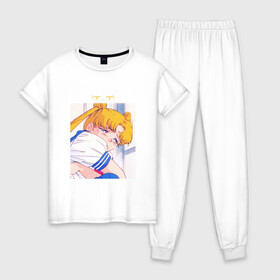 Женская пижама хлопок с принтом Sad Usagi | Sailor Moon в Тюмени, 100% хлопок | брюки и футболка прямого кроя, без карманов, на брюках мягкая резинка на поясе и по низу штанин | sailor moon | usagi tsukino | сейлор мун | усаги | усаги цукино