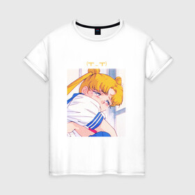 Женская футболка хлопок с принтом Sad Usagi | Sailor Moon в Тюмени, 100% хлопок | прямой крой, круглый вырез горловины, длина до линии бедер, слегка спущенное плечо | sailor moon | usagi tsukino | сейлор мун | усаги | усаги цукино