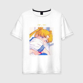 Женская футболка хлопок Oversize с принтом Sad Usagi | Sailor Moon в Тюмени, 100% хлопок | свободный крой, круглый ворот, спущенный рукав, длина до линии бедер
 | sailor moon | usagi tsukino | сейлор мун | усаги | усаги цукино