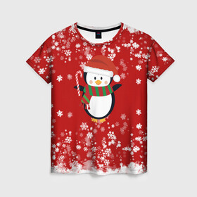 Женская футболка 3D с принтом Пингвин в новогодней шапочке в Тюмени, 100% полиэфир ( синтетическое хлопкоподобное полотно) | прямой крой, круглый вырез горловины, длина до линии бедер | 2021 | 2022 | happy new year 2022 | новогодний пингвин | новый год | новый год 2022 | пингвин | праздник | снежинки | снежный пингвин