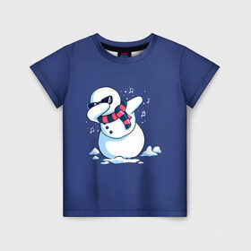 Детская футболка 3D с принтом Dab Snowman in a scarf в Тюмени, 100% гипоаллергенный полиэфир | прямой крой, круглый вырез горловины, длина до линии бедер, чуть спущенное плечо, ткань немного тянется | Тематика изображения на принте: 2022 | 22 | christmas | dab | dub | new | notes | scarf | snow | snowman | snowy | woman | year | баба | год | даб | новый | ноты | очки | рождество | снег | снеговик | снежная | шарф