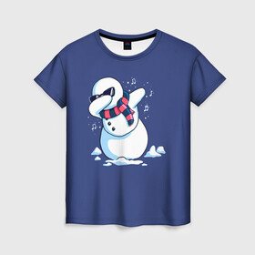Женская футболка 3D с принтом Dab Snowman in a scarf в Тюмени, 100% полиэфир ( синтетическое хлопкоподобное полотно) | прямой крой, круглый вырез горловины, длина до линии бедер | 2022 | 22 | christmas | dab | dub | new | notes | scarf | snow | snowman | snowy | woman | year | баба | год | даб | новый | ноты | очки | рождество | снег | снеговик | снежная | шарф