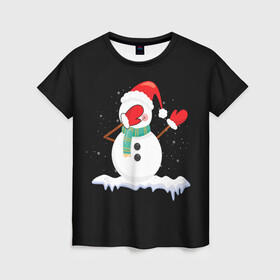 Женская футболка 3D с принтом Cartoon Dab Snowman в Тюмени, 100% полиэфир ( синтетическое хлопкоподобное полотно) | прямой крой, круглый вырез горловины, длина до линии бедер | 2022 | 22 | cartoon | christmas | dab | dub | mult | new | notes | scarf | snow | snowman | snowy | woman | year | баба | год | даб | мультяшный | новый | очки | рождество | снег | снеговик | снежная | шарф