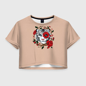 Женская футболка Crop-top 3D с принтом White Tiger Symbol в Тюмени, 100% полиэстер | круглая горловина, длина футболки до линии талии, рукава с отворотами | Тематика изображения на принте: blue | christmas | eyes | face | flowers | glow | muzzle | new | rose | snow | symbol | tiger | tulip | white | winter | year | белый | глаза | год | года | зима | лицо | нового | новый | рождество | свечение | символ | синее | тигр | тигра