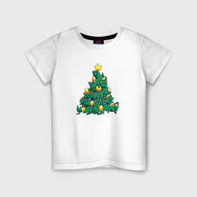 Детская футболка хлопок с принтом Christmas Tree Made Of Green Cats в Тюмени, 100% хлопок | круглый вырез горловины, полуприлегающий силуэт, длина до линии бедер | cat | cats | christmas | decotarions | green | kittens | made | new | of | star | toys | tree | year | год | ёлка | звезда | игрушки | кот | коты | котята | кошки | новый | рождество