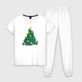 Женская пижама хлопок с принтом Christmas Tree Made Of Green Cats в Тюмени, 100% хлопок | брюки и футболка прямого кроя, без карманов, на брюках мягкая резинка на поясе и по низу штанин | cat | cats | christmas | decotarions | green | kittens | made | new | of | star | toys | tree | year | год | ёлка | звезда | игрушки | кот | коты | котята | кошки | новый | рождество