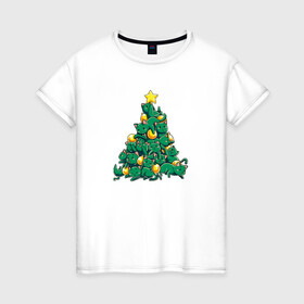 Женская футболка хлопок с принтом Christmas Tree Made Of Green Cats в Тюмени, 100% хлопок | прямой крой, круглый вырез горловины, длина до линии бедер, слегка спущенное плечо | Тематика изображения на принте: cat | cats | christmas | decotarions | green | kittens | made | new | of | star | toys | tree | year | год | ёлка | звезда | игрушки | кот | коты | котята | кошки | новый | рождество