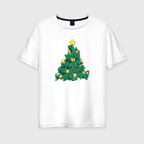 Женская футболка хлопок Oversize с принтом Christmas Tree Made Of Green Cats в Тюмени, 100% хлопок | свободный крой, круглый ворот, спущенный рукав, длина до линии бедер
 | Тематика изображения на принте: cat | cats | christmas | decotarions | green | kittens | made | new | of | star | toys | tree | year | год | ёлка | звезда | игрушки | кот | коты | котята | кошки | новый | рождество