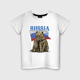 Детская футболка хлопок с принтом Символика России и медведь в Тюмени, 100% хлопок | круглый вырез горловины, полуприлегающий силуэт, длина до линии бедер | bear | courage | fearlessness | flag | force | muzzle | paws | power | russia | бесстрашие | лапы | медведь | мощь | мужество | отвага | россия | сила | флаг