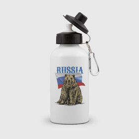 Бутылка спортивная с принтом Символика России и медведь в Тюмени, металл | емкость — 500 мл, в комплекте две пластиковые крышки и карабин для крепления | bear | courage | fearlessness | flag | force | muzzle | paws | power | russia | бесстрашие | лапы | медведь | мощь | мужество | отвага | россия | сила | флаг