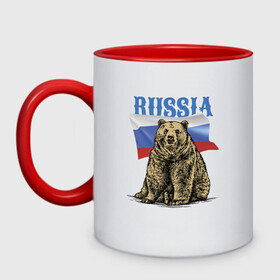 Кружка двухцветная с принтом Символика России и медведь в Тюмени, керамика | объем — 330 мл, диаметр — 80 мм. Цветная ручка и кайма сверху, в некоторых цветах — вся внутренняя часть | bear | courage | fearlessness | flag | force | muzzle | paws | power | russia | бесстрашие | лапы | медведь | мощь | мужество | отвага | россия | сила | флаг