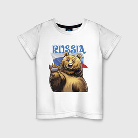 Детская футболка хлопок с принтом Прикольный русский медвежара в Тюмени, 100% хлопок | круглый вырез горловины, полуприлегающий силуэт, длина до линии бедер | bear | courage | fearlessness | flag | force | muzzle | paws | power | russia | бесстрашие | лапы | медведь | мощь | мужество | отвага | россия | сила | флаг