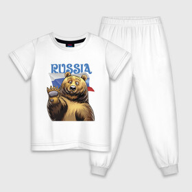 Детская пижама хлопок с принтом Прикольный русский медвежара в Тюмени, 100% хлопок |  брюки и футболка прямого кроя, без карманов, на брюках мягкая резинка на поясе и по низу штанин
 | Тематика изображения на принте: bear | courage | fearlessness | flag | force | muzzle | paws | power | russia | бесстрашие | лапы | медведь | мощь | мужество | отвага | россия | сила | флаг