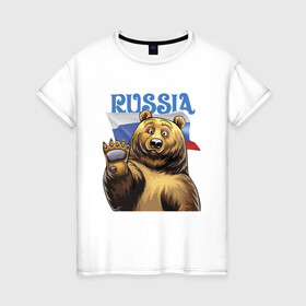Женская футболка хлопок с принтом Прикольный русский медвежара в Тюмени, 100% хлопок | прямой крой, круглый вырез горловины, длина до линии бедер, слегка спущенное плечо | bear | courage | fearlessness | flag | force | muzzle | paws | power | russia | бесстрашие | лапы | медведь | мощь | мужество | отвага | россия | сила | флаг