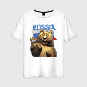 Женская футболка хлопок Oversize с принтом Прикольный русский медвежара в Тюмени, 100% хлопок | свободный крой, круглый ворот, спущенный рукав, длина до линии бедер
 | bear | courage | fearlessness | flag | force | muzzle | paws | power | russia | бесстрашие | лапы | медведь | мощь | мужество | отвага | россия | сила | флаг