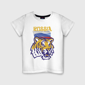 Детская футболка хлопок с принтом Russian tiger в Тюмени, 100% хлопок | круглый вырез горловины, полуприлегающий силуэт, длина до линии бедер | courage | fearlessness | flag | force | muzzle | paws | power | russia | tiger | бесстрашие | лапы | мощь | мужество | отвага | россия | сила | тигр | флаг