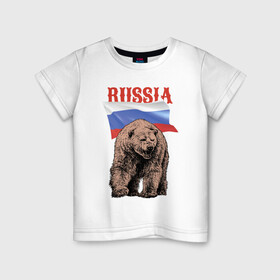 Детская футболка хлопок с принтом Русский свирепый медведь в Тюмени, 100% хлопок | круглый вырез горловины, полуприлегающий силуэт, длина до линии бедер | bear | courage | fearlessness | flag | force | muzzle | paws | power | russia | бесстрашие | лапы | медведь | мощь | мужество | отвага | россия | сила | флаг