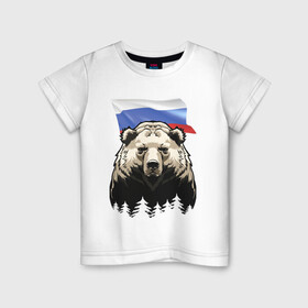Детская футболка хлопок с принтом Русский спокойный хозяин леса в Тюмени, 100% хлопок | круглый вырез горловины, полуприлегающий силуэт, длина до линии бедер | bear | courage | fearlessness | flag | force | forest | muzzle | paws | power | russia | бесстрашие | лапы | лес | медведь | мощь | мужество | отвага | россия | сила | флаг