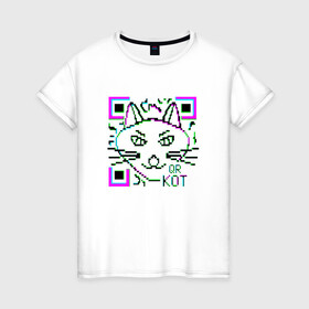 Женская футболка хлопок с принтом QR-Кот 3D в Тюмени, 100% хлопок | прямой крой, круглый вырез горловины, длина до линии бедер, слегка спущенное плечо | 3d | 3д | qr код | qr кот | ковид | кот | кошка | кьюар код | кьюард кот | мемы qr | мемы кот | прикол