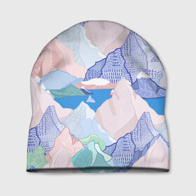 Шапка 3D с принтом Разноцветные горы и синяя река пейзаж в Тюмени, 100% полиэстер | универсальный размер, печать по всей поверхности изделия | Тематика изображения на принте: волшебные горы | гора радужная | горный пейзаж | горный узор | горы | для гор | для трекинга | нежные горы | нежный орнамент | пастельный пейзаж | пастельный узор | пейзаж разноцветный | природа