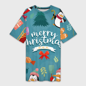 Платье-футболка 3D с принтом Merry Christmas from Eugenia в Тюмени,  |  | christmas | merry | new year | snowman | год | животные | зима | новый | новый год | паттерн | праздник | рождество | снег | снеговик | снежинки
