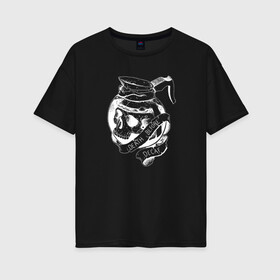 Женская футболка хлопок Oversize с принтом Смерть без кофеина 2 в Тюмени, 100% хлопок | свободный крой, круглый ворот, спущенный рукав, длина до линии бедер
 | бариста | кости | кофе | кофейня | униформа | череп