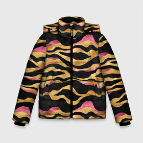 Зимняя куртка для мальчиков 3D с принтом тигровый окрас Gold Pink в Тюмени, ткань верха — 100% полиэстер; подклад — 100% полиэстер, утеплитель — 100% полиэстер | длина ниже бедра, удлиненная спинка, воротник стойка и отстегивающийся капюшон. Есть боковые карманы с листочкой на кнопках, утяжки по низу изделия и внутренний карман на молнии. 

Предусмотрены светоотражающий принт на спинке, радужный светоотражающий элемент на пуллере молнии и на резинке для утяжки | 2022 | год тигра | новый год | новый год 2022 | символ года | тигр | тигренок | тигрица | тигры
