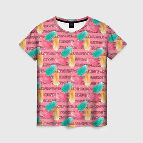 Женская футболка 3D с принтом Сладкое мороженое с блестками в Тюмени, 100% полиэфир ( синтетическое хлопкоподобное полотно) | прямой крой, круглый вырез горловины, длина до линии бедер | блестки | блестяшки | десерт | мороженое | сладкий | сладость