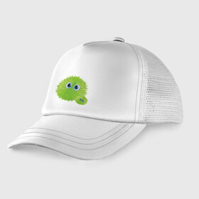 Детская кепка тракер с принтом Пушистый Монстрик в Тюмени, Козырек - 100% хлопок. Кепка - 100% полиэстер, Задняя часть - сетка | универсальный размер, пластиковая застёжка | fluffy | green | monster | зеленый | монстрик | пушистый